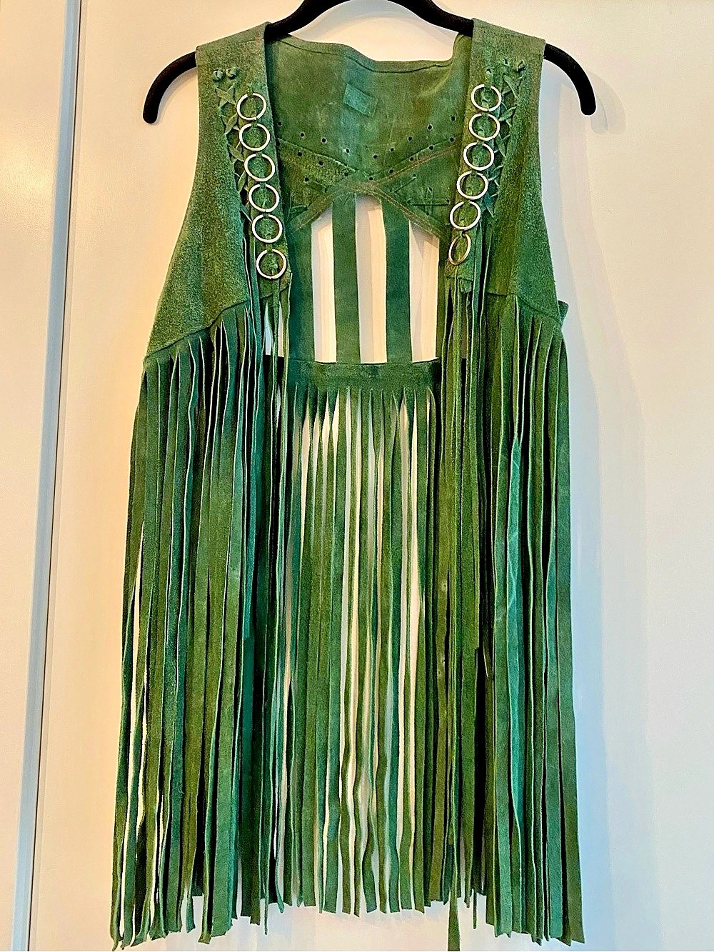 Open Front Green Suede Fringe Vest